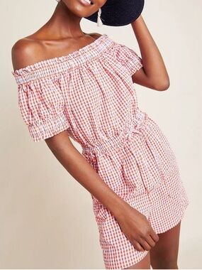Anthropologie gingham off-the-shoulder seersucker romper red/gray Sz S